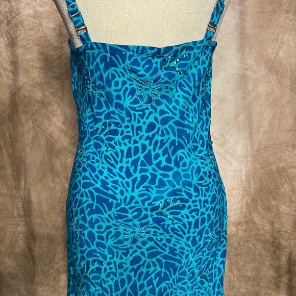 Vintage Y2K Tropical Tantrum Floral Leaf Print Beaded Sequin Mini Dress Blue - Picture 11 of 12